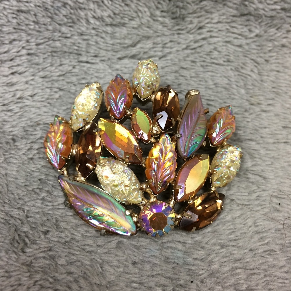 Vintage Continental Aurora Borealis Stone Brooch Leaf Spray Gold Tone